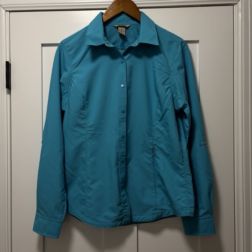 Duluth Trading Company Aqua Blue Snap Front Outdoor Shirt Zip Pocket‎ Size M